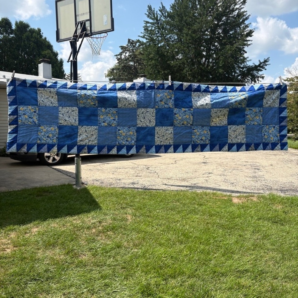 Handmade Blue Floral Patchwork Quilt Runner Sawtooth Border 72x18 Farmhouse